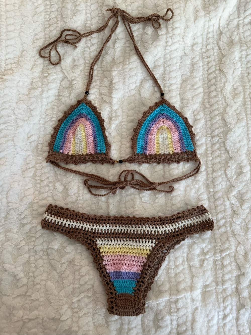 Brown Crochet Rainbow-Trim Bikini Set